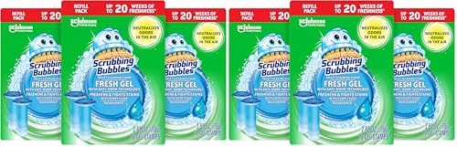 Image of Scrubbing Bubbles Fresh Gel Toilet Bowl Cleaning Stamps Refills, Helps Keep Toilet Clean and Helps Prevent Limescale & Rings, Rainshower Scent, 12 Count (Pack of 6)