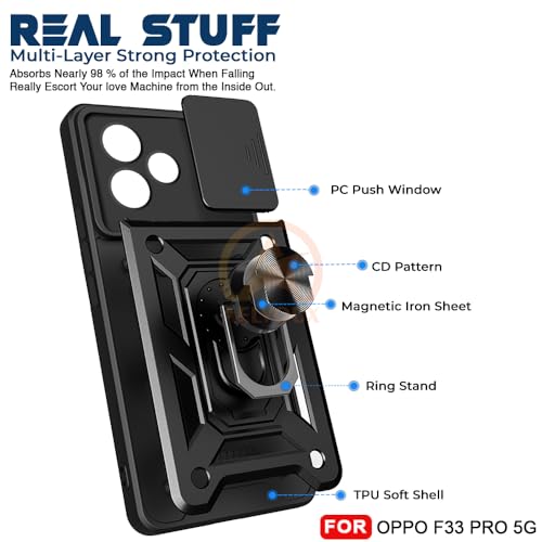 Image of Armor Bumper Back Cover Case for Oppo F33 Pro 5G Rotating Camera Cover, Ring Holder & Kickstand | Heavy Duty & 360 Degree Protection Oppo F33 Pro 5G Back Cover (Black)