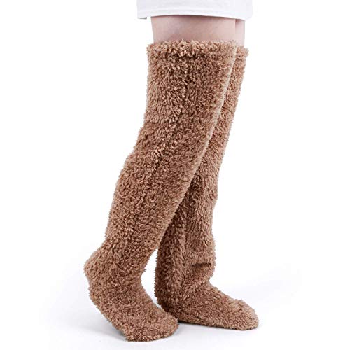 Over Knee High Fuzzy Socks Plush Slipper Stockings Furry Long Leg Warmers Winter Home Sleeping Socks (Brown)