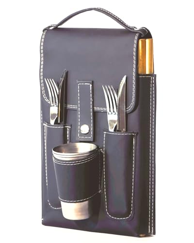 Portable Camping Dish Set - Travel Plate Set - Mess Kit for 2 - Essential Plates and Utensils - Tableware Set - All Black Design for Camping or Picnic.