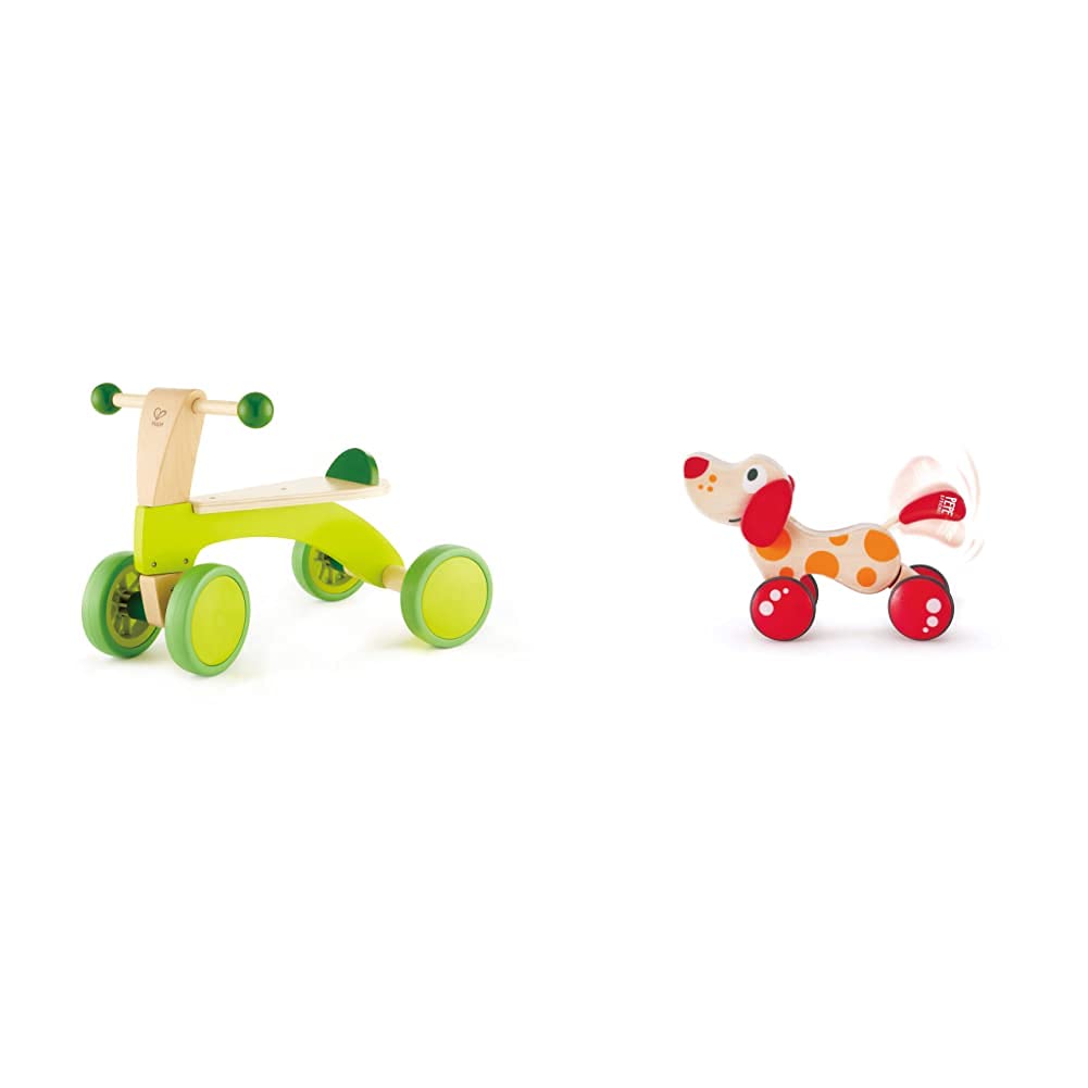 Hape Scoot Around Ride On Wood Bike, Bright Green & Walk-A-Long Puppy Wooden Pull Toy by Hape | Award Winning Push Pull Toy Puppy for Toddlers Can Sit, Stand and Roll, Red