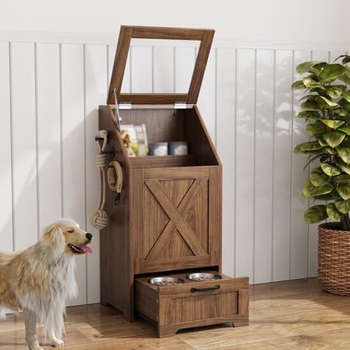 Dog Feeding Station with 2 Elevated Bowls, Dog Food Storage Cabinet with Pet Toy Organizer and Flip Top Pet Feeding Station,Hidden Pet Feeder Station for Cats and Dogs(Dog Feeding Station-Walnut)
