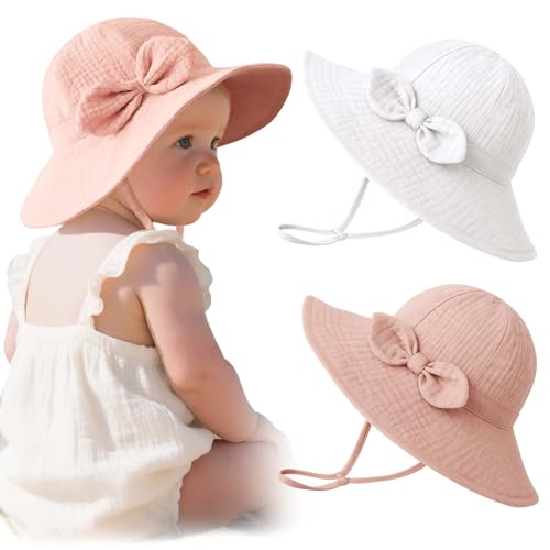 Konssy Muslin Baby Sun Hat, UPF 50+ Sun Protection Wide Brim Summer Beach Hat with Chin Strap, Breathable Bucket Hat
