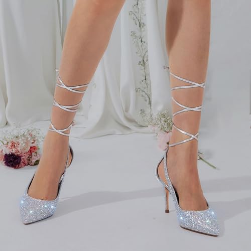 GENSHUO Lace Up Pumps for Women Strappy High Heels Sexy Pointed Closed Toe Shoes 3 Inch Stiletto Heels Suede Dress Party Wedding Shoes3