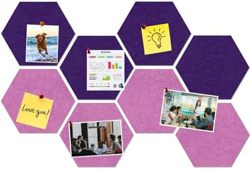 Large Hexagon Felt Cork Board Tiles, Self Adhesive DIY Felt Bulletin Board Pin Board with 35 Pushpins for Office School Home Wall Decor(Purple+Light Purple)