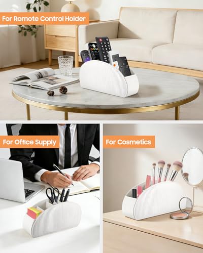 Image of SITHON Remote Control Holder with 5 Compartments - PU Leather Remote Caddy Desktop Organizer Store TV, DVD, Blu-Ray, Media Player, Heater Controllers, Stripe Pearl White
