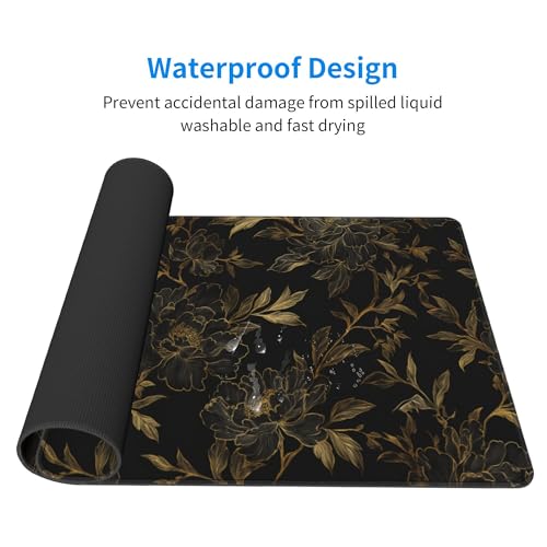 Image of Black and Gold Flowers Extended Gaming Mouse Pad, with Stitched Edges Large Mouse Pad Desk Protector, Rubber Base Mousepad Keyboard Mouses Mat for Work Game Office Home- 32 inch X 12 inch Inch,E143