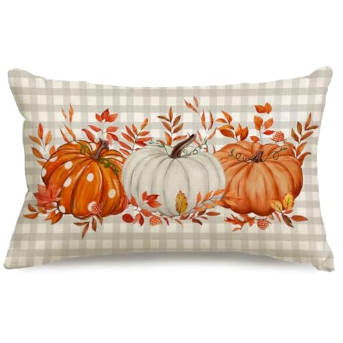 Image of Fall Pillow Cover 12x20 Inch Pumpkin Buffalo Pliad Dots Fall Pillows Maple Leaves Decor Autumn Thanksgiving Decorative Farmhouse Cushion Case for Sofa Couch (Gray)