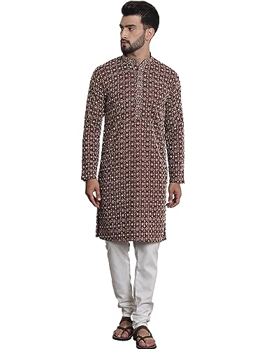 Image of SOJANYA (Since 1958 Mens Cotton Kurta with Multicolor Embroidery and White Churidaar