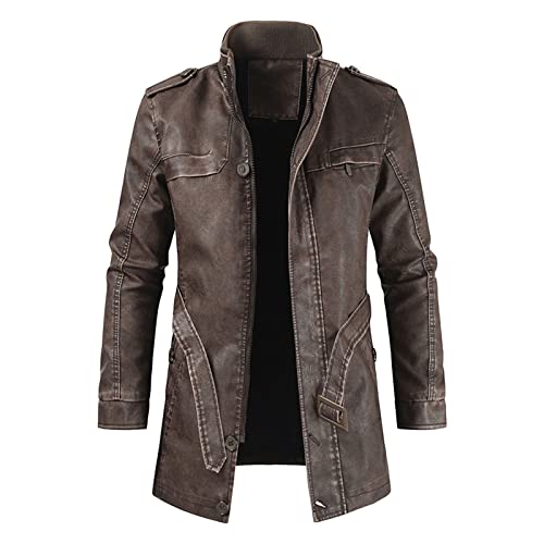 Maiyifu-GJ Mens Retro Faux Pu Leather Jacket Vintage Motorcycle Stand Collar Long Coats Outdoor Biker Overcoat Windbreaker (Dark Brown,Large)