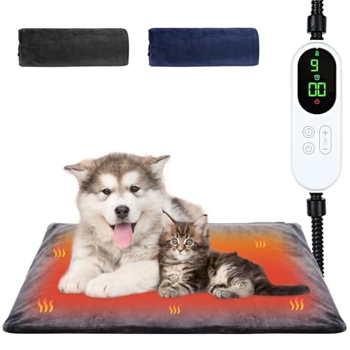 FUWAPET ペット用ホットカーペット 9段階温度調節(35~55℃) 14段階タイマー機能(0-12/24H) ペット用ヒーター 猫 犬 ホットマット 小動物 ヒーターマット 過熱保護 加熱パッド コード全て鋼管で保護 噛み癖対策 防水難燃性 厚手 柔