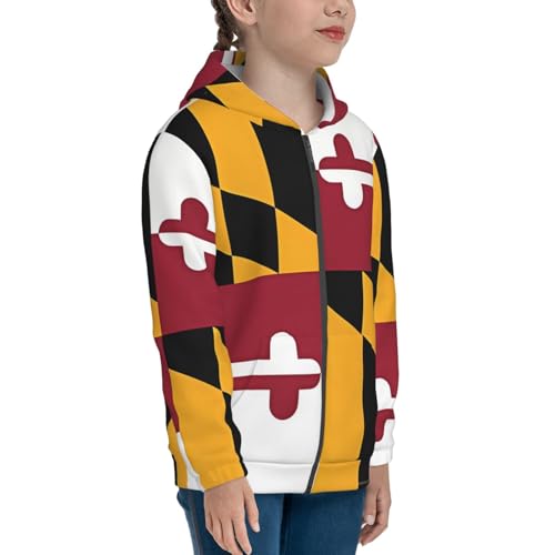 Flag of Maryland Print Girls Athletic Zip Up Hoodies,Sweatshirts with Pockets Long Sleeve Hooded Jackets, for 7-18 Y3