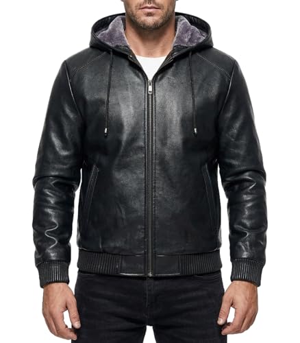 Image of INVACHI Men's Faux Leather Jacket, Hooded Fleece Lined Motorcycle Bomber Jacket