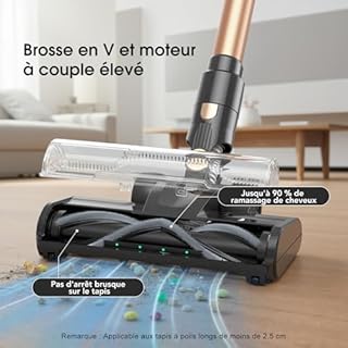 Lubluelu Aspirateur Balai sans Fil 45 kPa, Moteur Puissant 450 W, Léger & Silencieux avec Lumière LED, Aspirateur à Main et Sol sans Sac pour Tapis, Sols Durs, Poils d’Animaux & Voiture (Noir + Or)