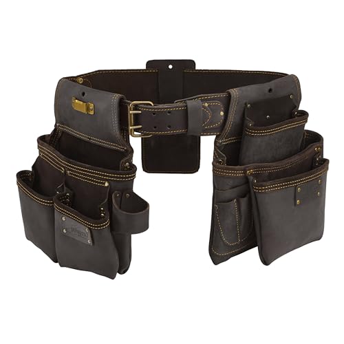 Image of Ox Tools Pro Construction Tool Belt - 22-Pocket Leather Tool Belt Pouches - (XL) Belt Made of Oil-Tanned Leather with Double-Stitching and Steel Rivets - OX-P263602 | Oil-tanned build, Reinforced steel rivets, Double-stitched seams, 3-inch width, Holds hammer, tape measure & speed square