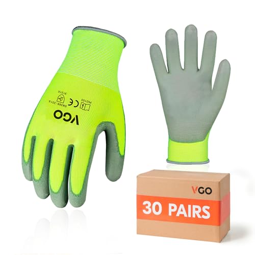 Vgo... 30Paar Herren Sicherheit Arbeitshandschuhe,Beschichtete Gartenarbeitshandschuhe,Tauchhandschuhe,Lagerhandschuhe(Gelb,PU2103)