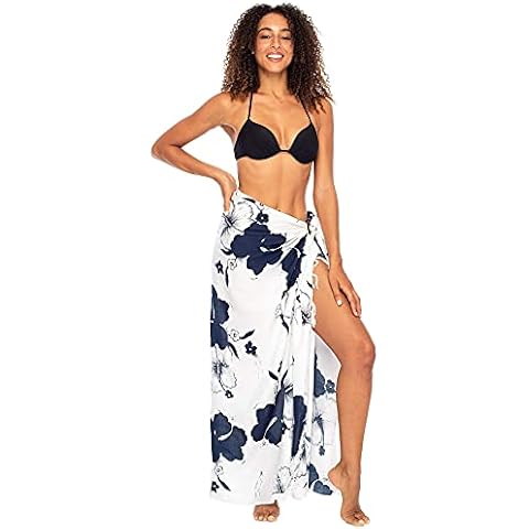 Back From Bali Womens Sarong Swimsuit Cover Up Floral Hibiscus Sequins Beach Wear Bikini Wrap Skirt with Coconut Clip - Blue - One Size Cover