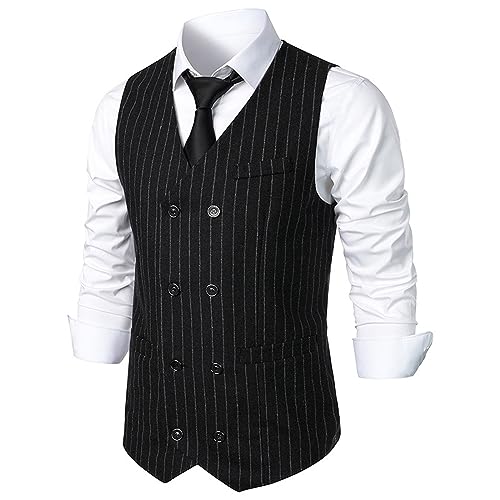 Mens Pinstripe Business Suit Vest Slim Fit Formal Dress Tuxedo Waistcoat Double-Breasted Stripes Wedding Dress Vest2