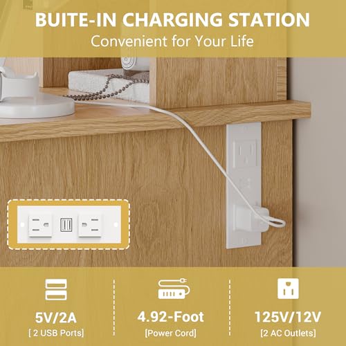 Vanity Desk with Mirror and Lights, 43'' Oak Makeup Dressing Table Set with 5 Drawers & Chair, Power Outlet, 3 Lighting Modes Adjustable Brightness & RGB LED for Women Girls Bedroom Bathroom