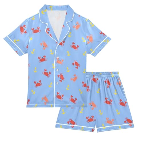 Cute Tiny Crabs Summer Satin Pajama Set, Cute Button-Down Sleepwear Pj Set for Sleep Wears