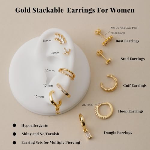 5 Pairs 14K Gold Stud Hoop Earrings Set for Women Hypoallergenic 925 Sterling Silver Post Dainty Huggie Cuff Earring Sets for Multiple Piercing Stacks Trendy Women Fashion Jewelry Gifts3