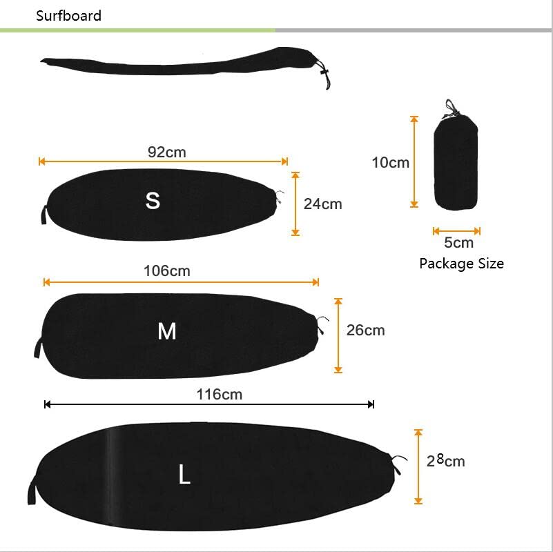 Ykybhx Surfboard Sock Cover Lightweight Protective Case with Drawstring for Surf Board Sealing Waterproof Dust Proof Storage Bag Surf board for Shortboard Fishboard Longboard Funboard,Black 116cmx28cm