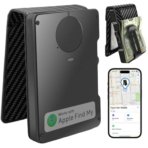 Mens Air Wallet, with Smart Tracker, RFID Blocking Credit Card Clip, Bi-Fold Minimalist Wallet, Compatible with Apple Find My iOS Only, Replacement AirTag Chip(Carbon Fiber Pattern)