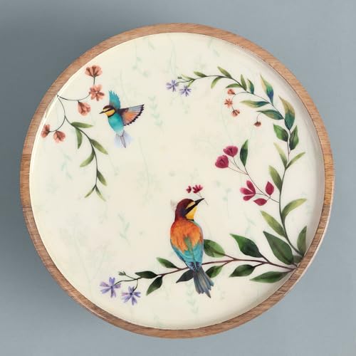 Image of SAAGA Begonia Round Printed Wooden Cake Stand | 9.75 x 4.75 Inch Mango Wood Cake & Pizza Display Stand | Decorative Dessert Platter for Dining Table, Parties & Celebrations