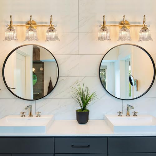 Image of CVKASH 3-Light Bathroom Vanity Light Fixtures Over Mirror,Brushed Gold Modern Vanity Lights with Glass Shade Vintage Wall Sconce for Bedroom Dressing Room Living Room Hallway Cabinet
