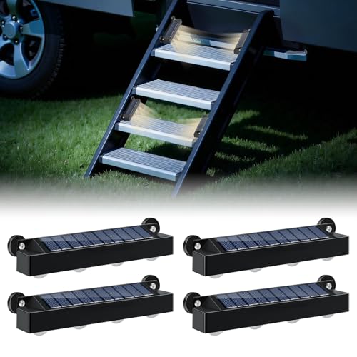 EJYTRVT Magnetic Solar RV Step Lights High-Capacity LED Safety Lighting IP65 Waterproof Wireless Wider Solar Panel for RV Camper Stair Porch Boats Garage & Trailer No-Drill Install (4-Pack)