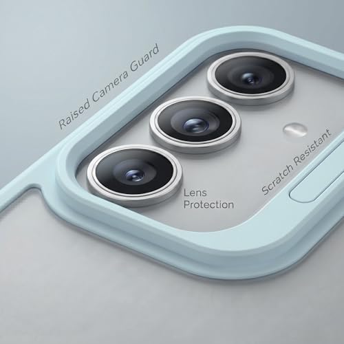 Image of amazon basics Frosted Matte Case for Samsung Galaxy A55 5G | Built-in Flip-Out Camera Lens Stand | Translucent Back with Contrast Blue Bumper | Shockproof Protective Cover with Foldable Kickstand