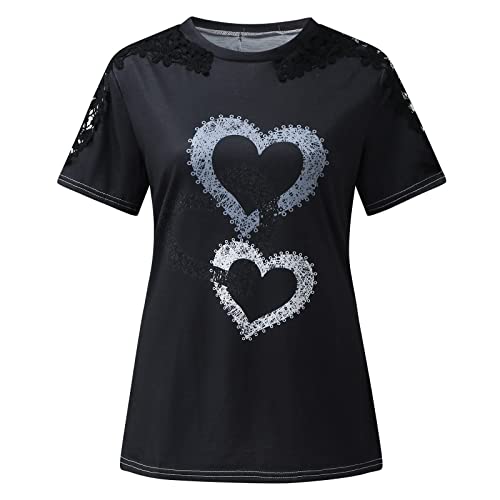 Womens Summer Casual Cold Shoulder T Shirts Elegant Lace Crochet Hollow Out Short Sleeve Tops Solid/Colorblock Loose Blouse #TOP3