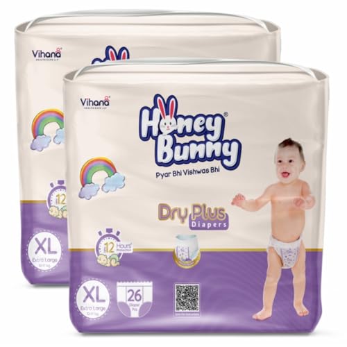 Image of Honey Bunny Baby Diaper Pants | Dry Plus Protection with 360 Soft Elastic Waistband | Upto 12 Hours Protection | Bubble Sheet Technology for Advanced Absorption | Extra Large (12 to 17 kg), 52 Pants