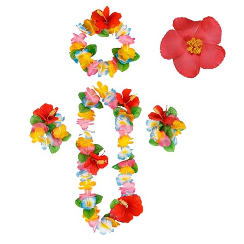 LUMOOM 5 piezas hawaiano collar de flores hawaiano accesorios para el pelo, cadena hawaiana con flores, juego de diadema, pulseras para el pelo, accesorios para disfraz de mujer, accesorios para