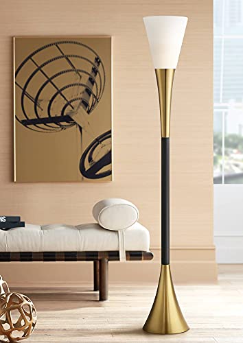 Possini Euro Design Piazza Mid Century Modern Glam Style Torchiere Floor Lamp 72.5" Tall Black Antique Brass Metal White Glass Shade for Living Room Reading House Bedroom Home Office Possini Euro Design Piazza Mid Century Modern Glam Style Torchiere Floor Lamp 72.5" Tall Black Antique Brass Metal White Glass Shade for Living Room Reading House Bedroom Home Office