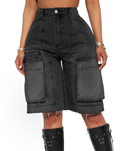 Womens Cargo Jean Shorts High Waisted Straight Leg Casual Ripped Raw Hem Denim Shorts with Pockets