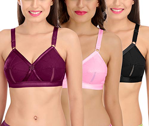 Image of SONA Women's Cotton Non-Padded Non-Wired Full Coverage Bra (Wine-Pink-Black 42B) Pack of 3