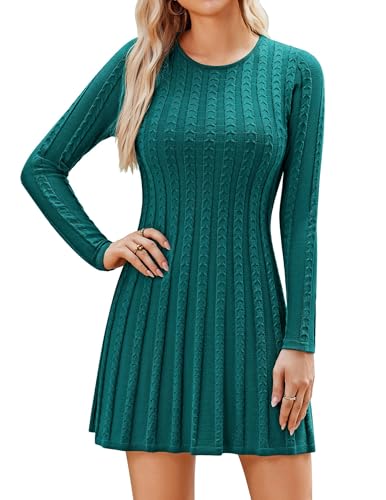 Hotouch Strickkleid Damen Winter Herbst Winterkleid Casual Knielang Pulloverkleid Rundhals Langarm Elegant A Linie Kleider Einfarbig Dunkelgrün M