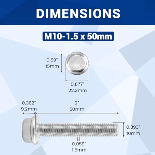 Image of M10-1.5 x 50mm Serrated Flange Hex Bolts + Flange Nut + Flat Washer + Lock Washer Combo Pack, 304 Stainless Steel 18-8, for Automotive & Machinery, 8 Sets