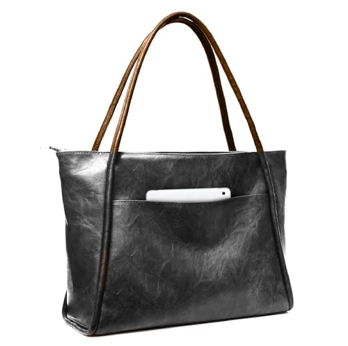 Utenwat Large Tote Bag for Women Work with Zipper 16L Vegan Leather Ladies Travel Purses and Handbags Black with Brown