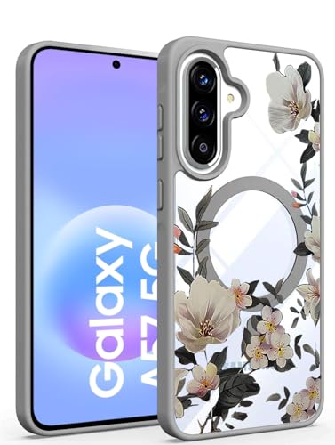 Image of VONZEE Compatible with Samsung Galaxy A57 5G Back Case Luxury Retro Flowers Floral Clear for Magnetic Wireless Charging Case Shockproof PC+TPU Cute Glossy Shiny Cover for Girls Women, Grey