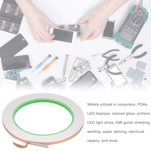 Image of Copper Foil Tape Double-Sided Conductive with Adhesive (5mm /0.2inch x 30m /98ft) 0.05mm Thickness Enhance Conductivity, for EMI Shielding Paper Circuits,Grounding