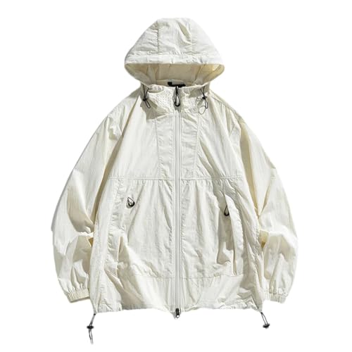 Men Solid Color Multi-Pocket Simple Jacket Tops Coat Men's Casual Fishing Camping Hooded Jacket Beige M