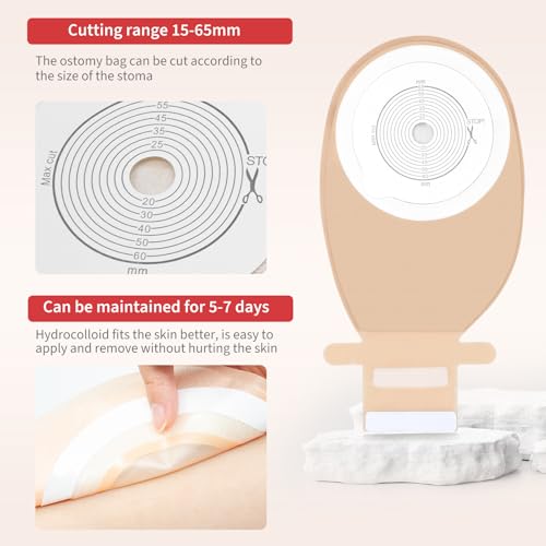 DERAYMI 20 PCS Colostomy Bags Ostomy Supplies One Piece Ostomy Bags, Ostomy Drainable Pouches for Ileostomy Stoma Care Cut-to-Fit 20-65mm Hook-and-Loop Closure - Thumbnail 2