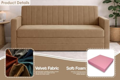 Image of Sofa-Cum-Bed | Three Seater Foldable Sofa Bed Couch with Armrest | Velvet Fabric Sofa for Living Room, Bedroom & Office- Golden Color