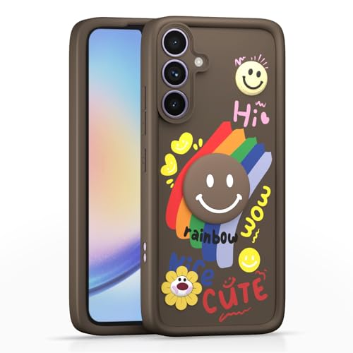 Image of Pikkme Back Cover for Samsung Galaxy A34 5G | Soft Silicone| Cute Rainbow Smile & 3D Cartoon Flower Design | Shockproof Raised Camera Protection Bumper Case (Brown)