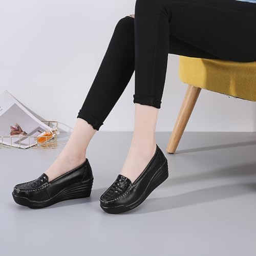 Image of Women's Leather Breathable Wedge Heel Nurse Loafers Comfortable Round Toe Platform Non-Slip Hollow Breathable Slip-On Work Shoes Mother Shoes