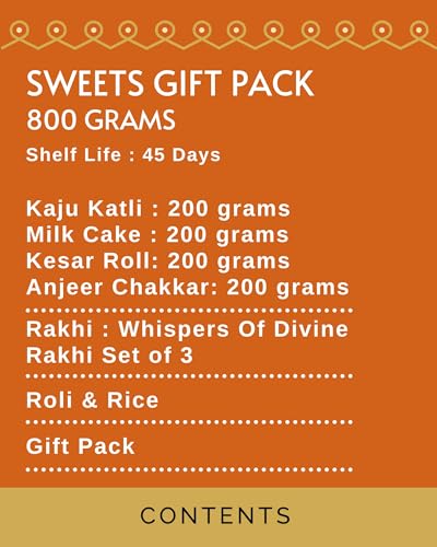 Image of HYPERFOODS House of Treats Rakhi For Brother With Sweets Indian Sweets Mithai Pack of 4 Kaju Katli Milk Cake Anjeer Chakkar Kesar Roll 200G each Whispers of Divine Rakhi Set of 3 With Roli & Rice