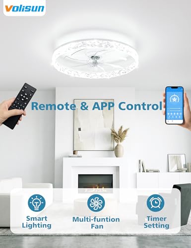Image of VOLISUN Low Profile Ceiling Fan with Lights and Remote, No Assembly, 24in Modern Ceiling Fans Flush Mount, 3000K-6500K Dimmable Bladeless LED Fan Light, White Fandelier Ceiling Fans for Bedroom