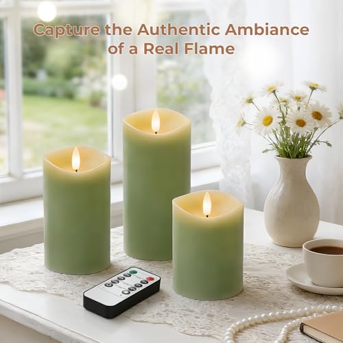 Image of Pastel Green LED Real Wax Made Flameless Battery-Operated Pillar Candles